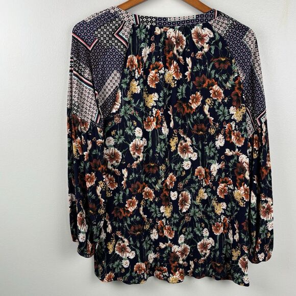 JODIFL Women Blouse Large Boho Floral Patchwork Long Sleeve Top Navy Rayon - Picture 7 of 8